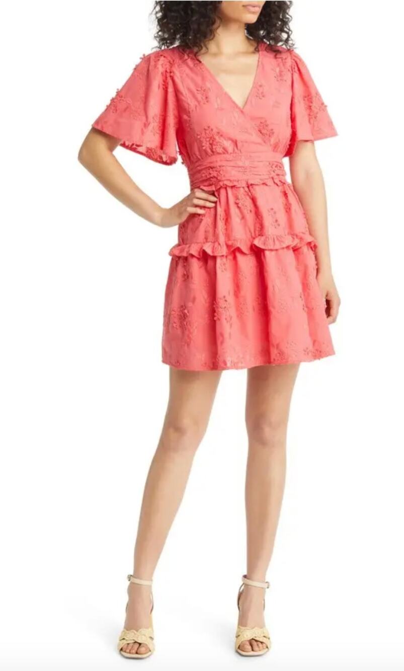 BTFL-Life Madie Floral Embroidered Flutter Sleeve Tiered Dress Size L Red Pink